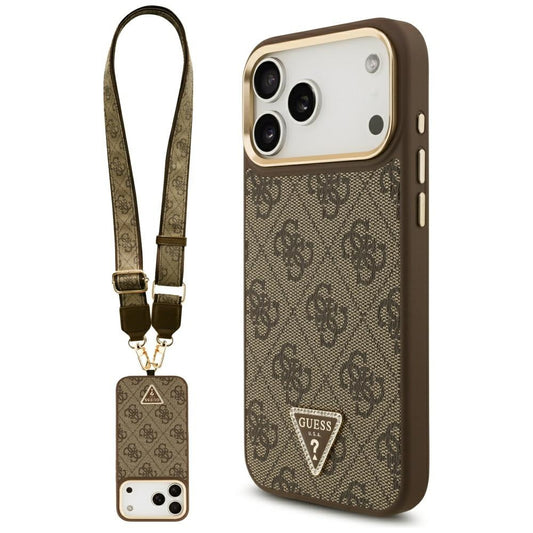 Θήκη MagSafe για Apple iPhone 17 Pro Max, Guess, 4G Triangle Logo με Μεγάλο Λουρί, Καφέ