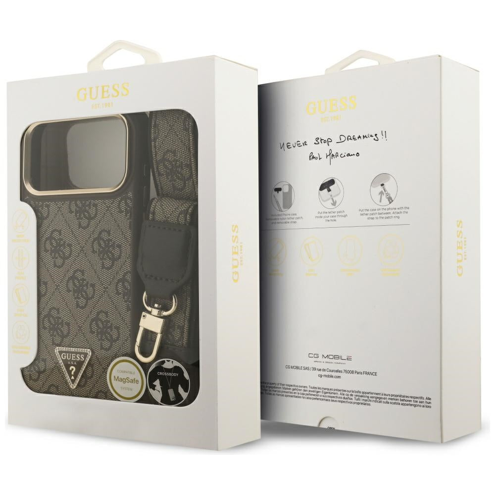 Θήκη MagSafe για Apple iPhone 17 Pro Max, Guess, 4G Triangle Logo με Μεγάλο Λουρί, Καφέ