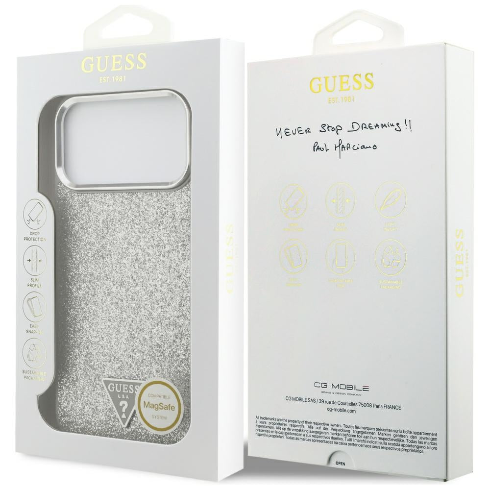 Θήκη MagSafe για Apple iPhone 17 Pro Max, Guess, Glitter Triangle Logo, Ασημί