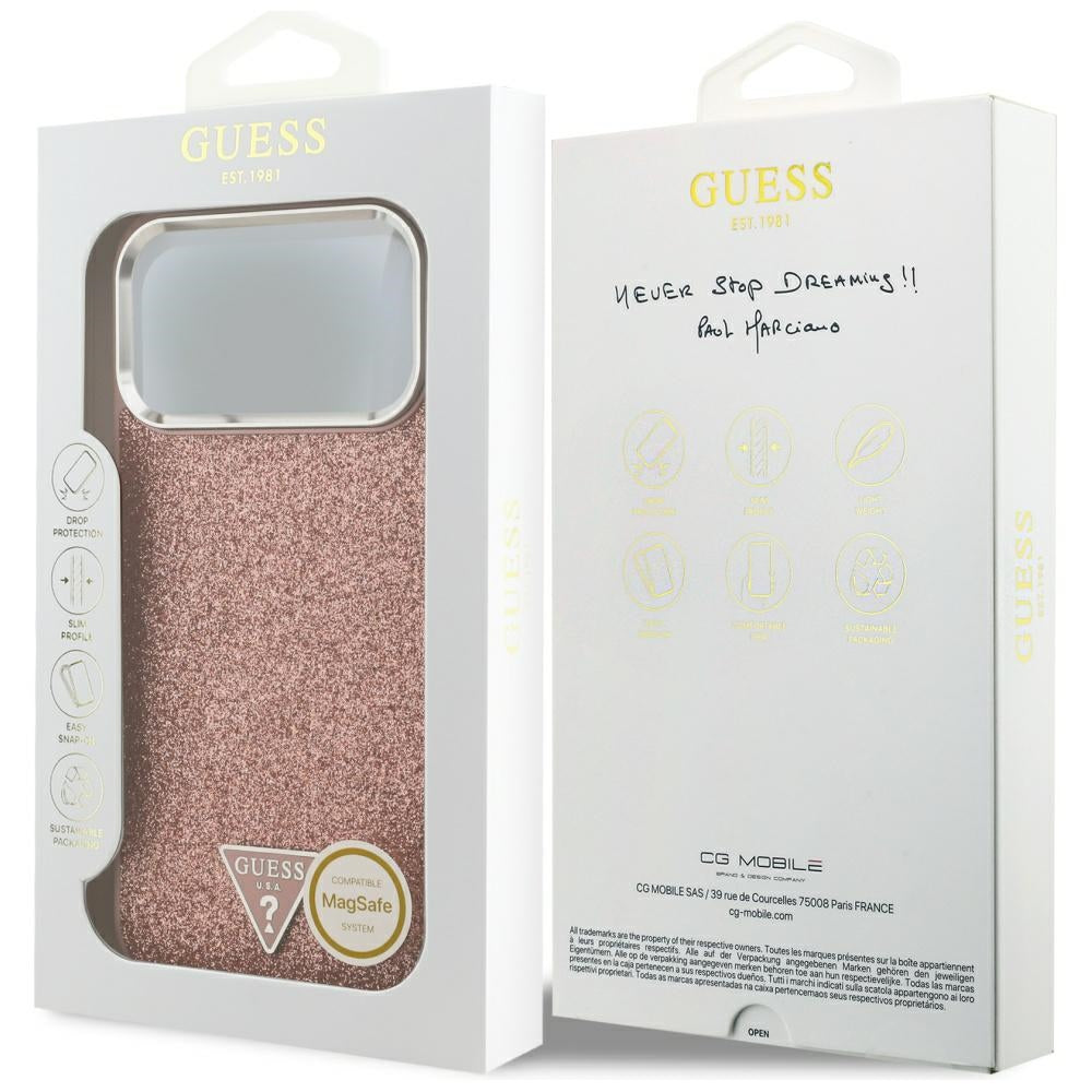 Θήκη MagSafe για Apple iPhone 17 Pro Max, Guess, Glitter Triangle Logo, Ροζ
