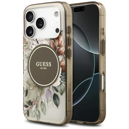 MagSafe Case for Apple iPhone 17 Pro Max, Guess, IML Flower & Tonal Circle, Brown