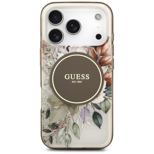 MagSafe Case for Apple iPhone 17 Pro Max, Guess, IML Flower & Tonal Circle, Brown