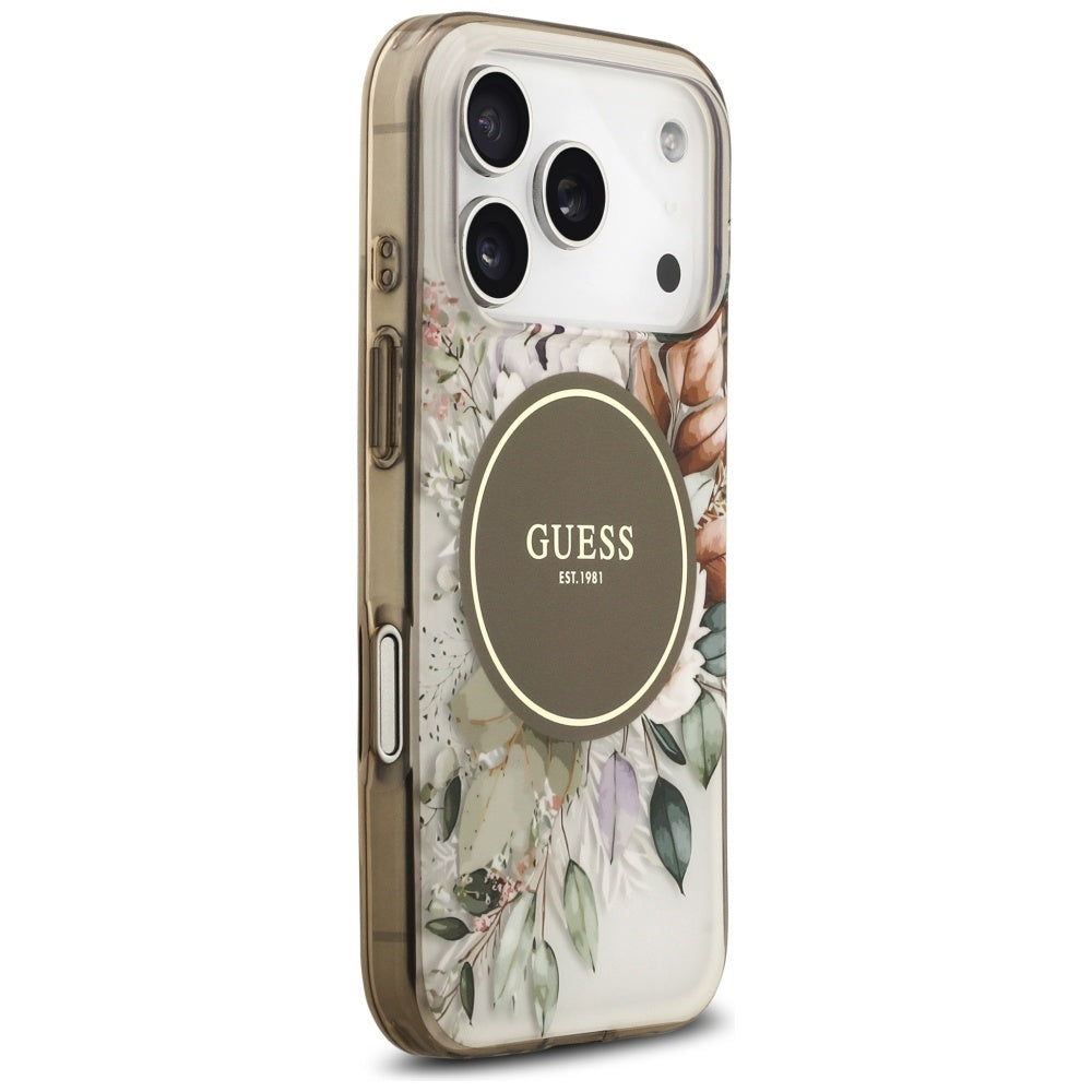 MagSafe Case for Apple iPhone 17 Pro Max, Guess, IML Flower & Tonal Circle, Brown