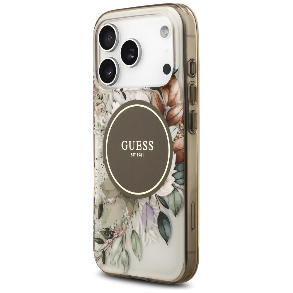 MagSafe Case for Apple iPhone 17 Pro Max, Guess, IML Flower & Tonal Circle, Brown