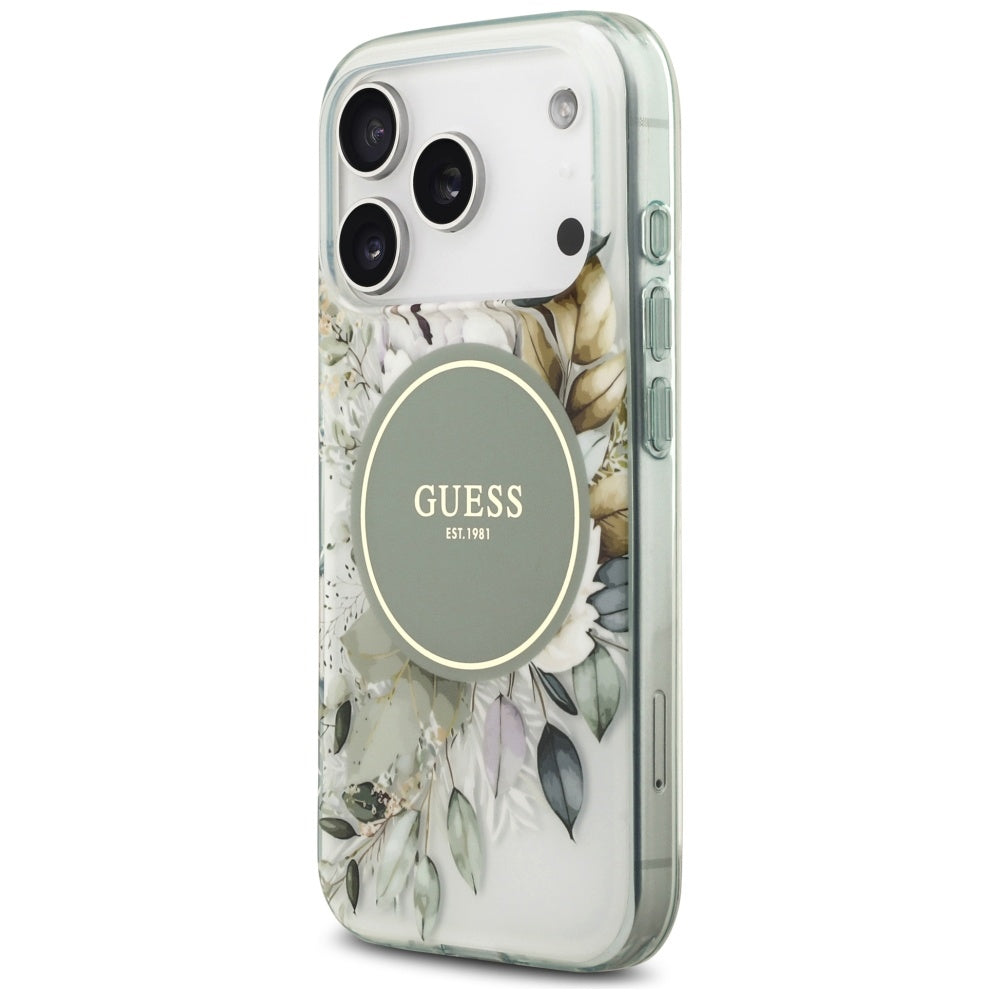 MagSafe Case for Apple iPhone 17 Pro Max, Guess, IML Flower & Tonal Circle, Green