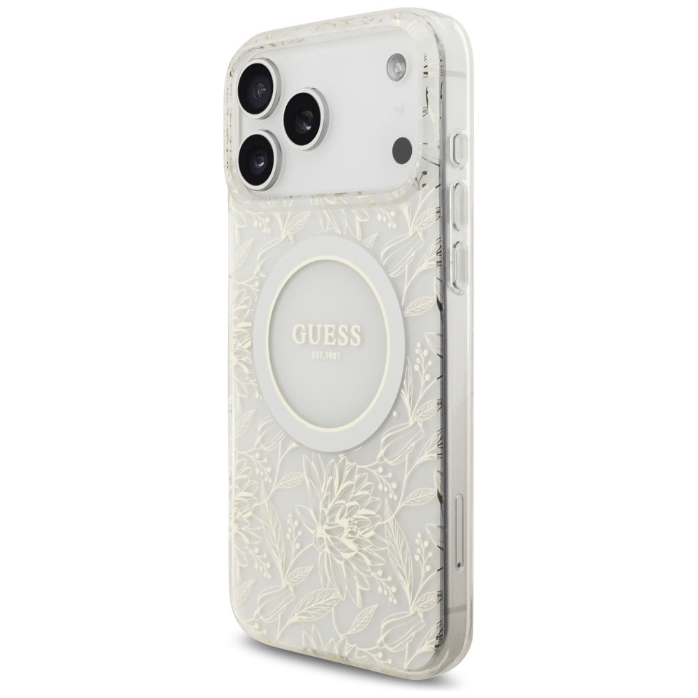 MagSafe Case for Apple iPhone 17 Pro Max, Guess, IML Flowers Allover Electroplated with Pearl Strap, White