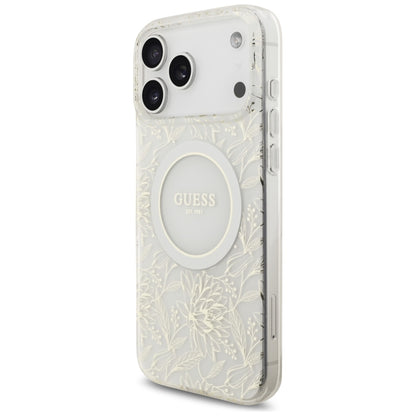 MagSafe Case for Apple iPhone 17 Pro Max, Guess, IML Flowers Allover Electroplated with Pearl Strap, White