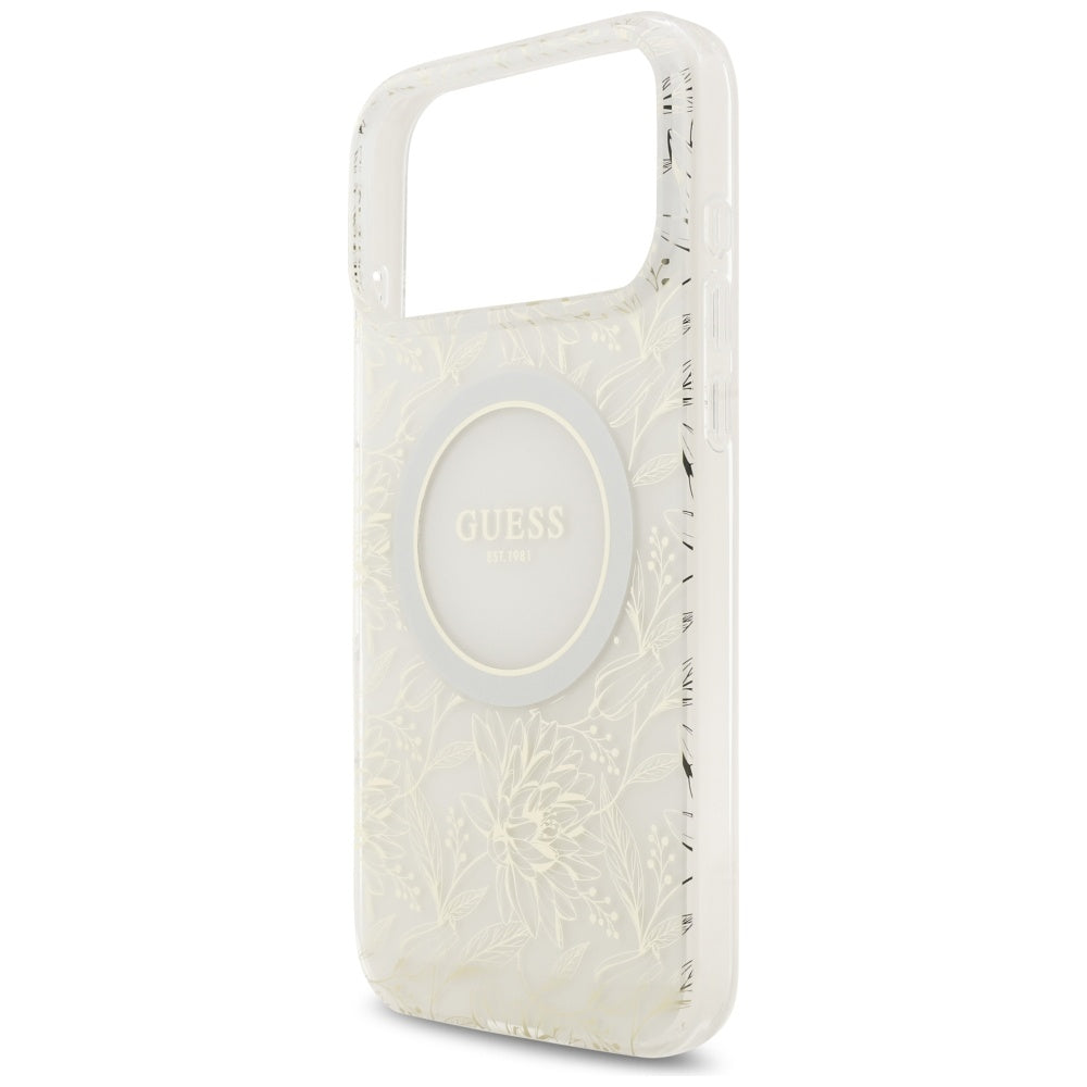 MagSafe Case for Apple iPhone 17 Pro Max, Guess, IML Flowers Allover Electroplated with Pearl Strap, White