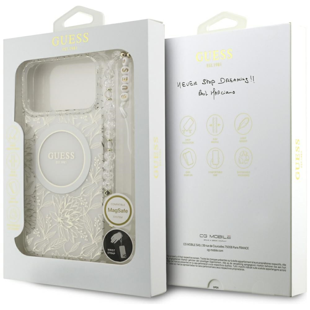MagSafe Case for Apple iPhone 17 Pro Max, Guess, IML Flowers Allover Electroplated with Pearl Strap, White