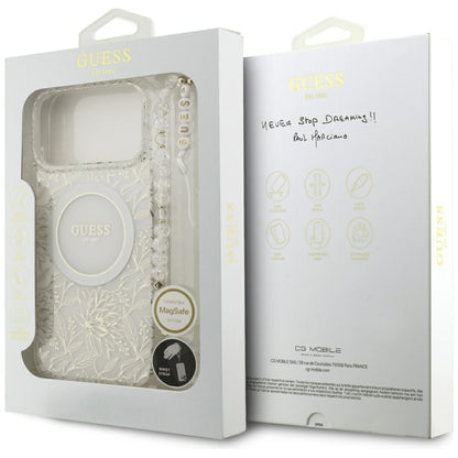MagSafe Case for Apple iPhone 17 Pro Max, Guess, IML Flowers Allover Electroplated with Pearl Strap, White