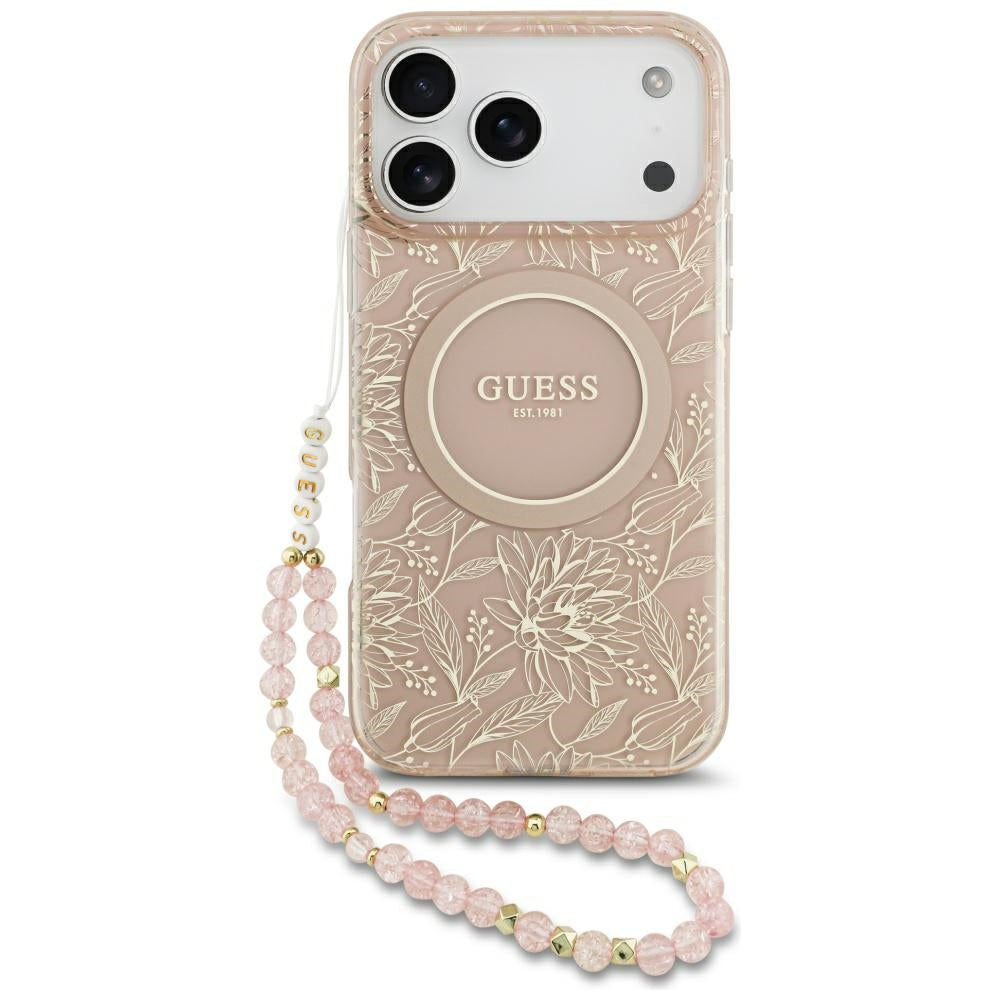 Θήκη MagSafe για Apple iPhone 17 Pro Max, Guess, IML Flowers Allover Electroplated with Pearl Strap, Ροζ
