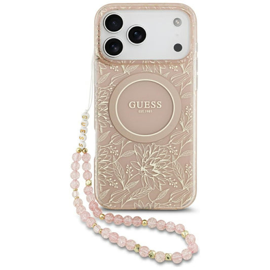 Θήκη MagSafe για Apple iPhone 17 Pro Max, Guess, IML Flowers Allover Electroplated with Pearl Strap, Ροζ