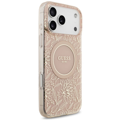 Θήκη MagSafe για Apple iPhone 17 Pro Max, Guess, IML Flowers Allover Electroplated with Pearl Strap, Ροζ