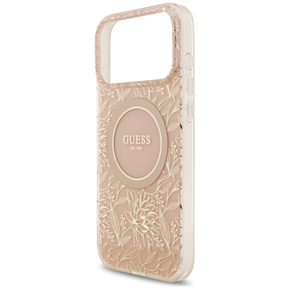 Θήκη MagSafe για Apple iPhone 17 Pro Max, Guess, IML Flowers Allover Electroplated with Pearl Strap, Ροζ