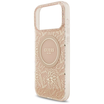 Θήκη MagSafe για Apple iPhone 17 Pro Max, Guess, IML Flowers Allover Electroplated with Pearl Strap, Ροζ