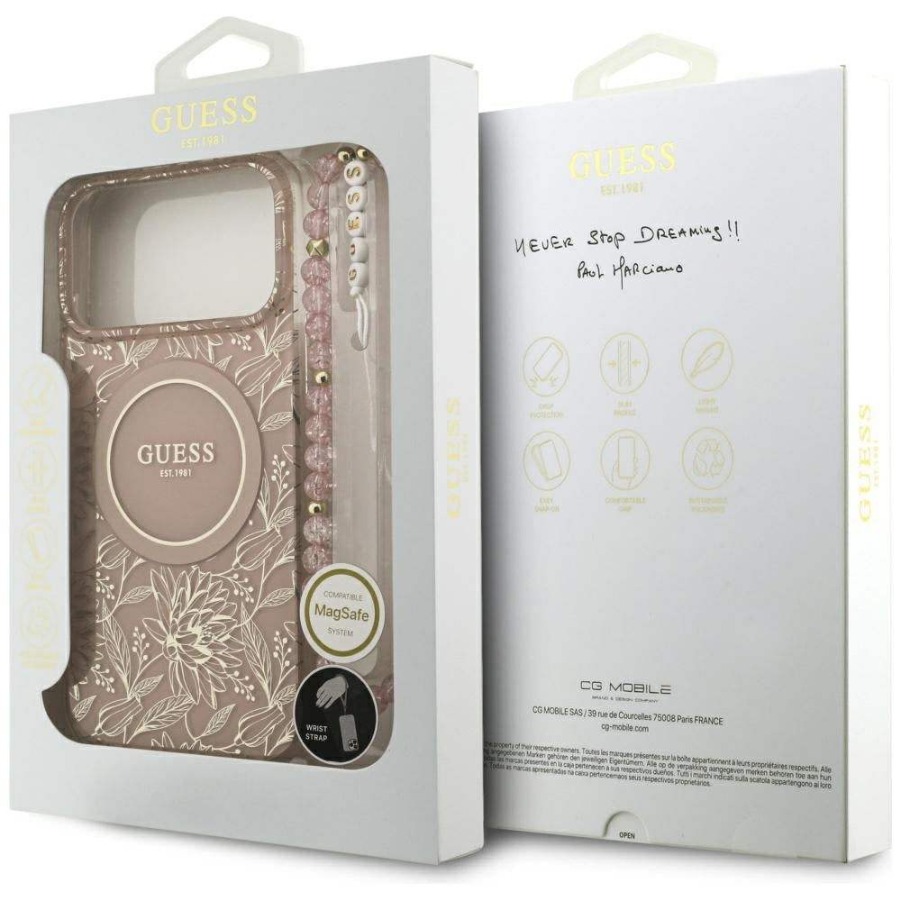 Θήκη MagSafe για Apple iPhone 17 Pro Max, Guess, IML Flowers Allover Electroplated with Pearl Strap, Ροζ