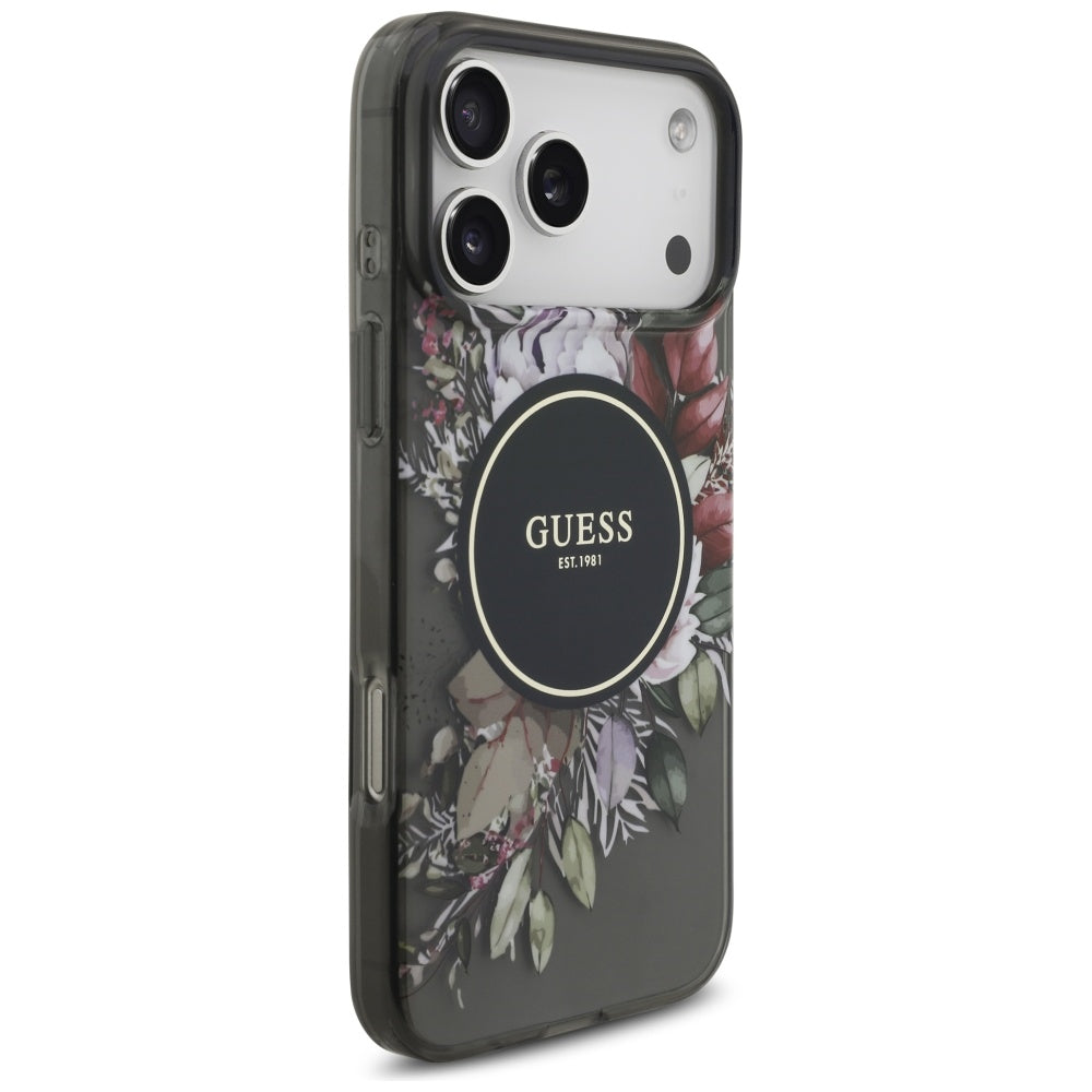 Θήκη MagSafe για Apple iPhone 17 Pro Max, Guess, IML Flowers with Pearl Strap, Μαύρη