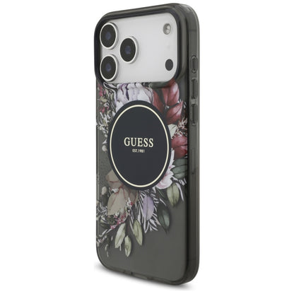Θήκη MagSafe για Apple iPhone 17 Pro Max, Guess, IML Flowers with Pearl Strap, Μαύρη