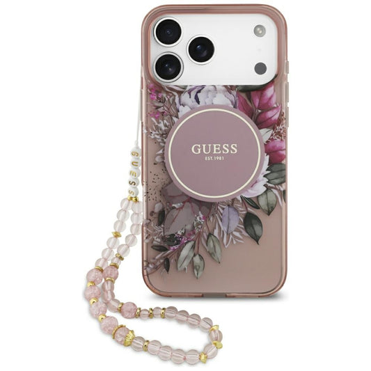 MagSafe Case for Apple iPhone 17 Pro Max, Guess, IML Flowers with Pearl Strap, Pink