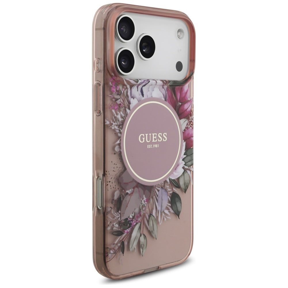 MagSafe Case for Apple iPhone 17 Pro Max, Guess, IML Flowers with Pearl Strap, Pink