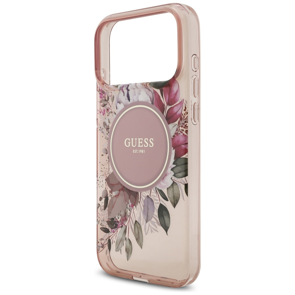 MagSafe Case for Apple iPhone 17 Pro Max, Guess, IML Flowers with Pearl Strap, Pink