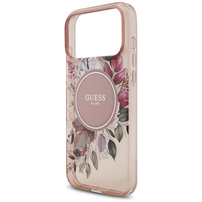 MagSafe Case for Apple iPhone 17 Pro Max, Guess, IML Flowers with Pearl Strap, Pink