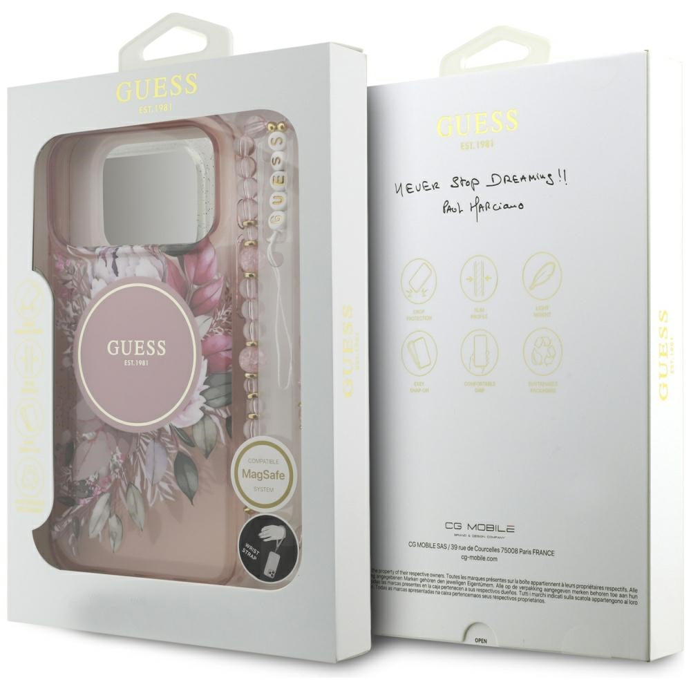 MagSafe Case for Apple iPhone 17 Pro Max, Guess, IML Flowers with Pearl Strap, Pink