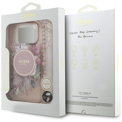 MagSafe Case for Apple iPhone 17 Pro Max, Guess, IML Flowers with Pearl Strap, Pink