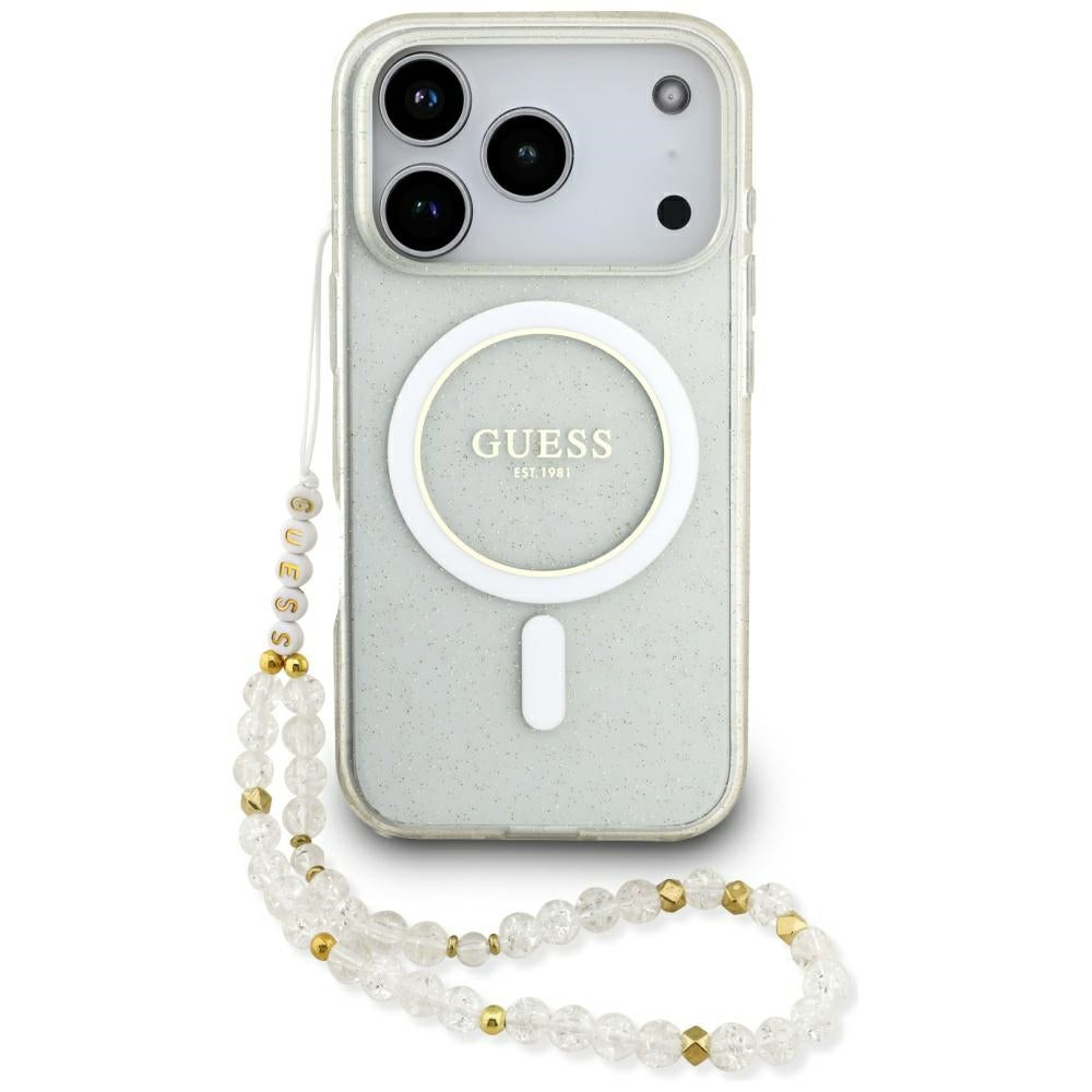 Θήκη MagSafe για Apple iPhone 17 Pro Max, Guess, IML Glitter με Λουράκι Περλών, Διάφανη
