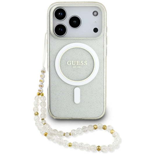 Θήκη MagSafe για Apple iPhone 17 Pro Max, Guess, IML Glitter με Λουράκι Περλών, Διάφανη