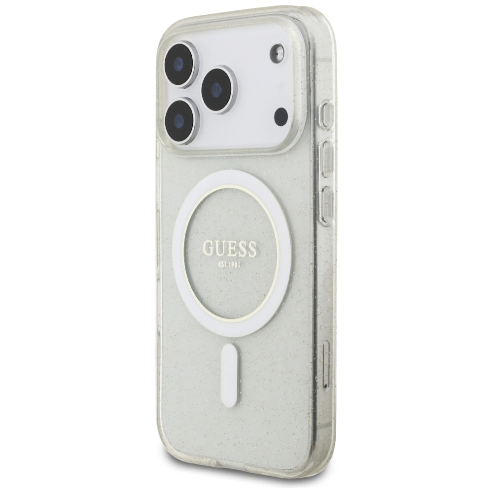 Θήκη MagSafe για Apple iPhone 17 Pro Max, Guess, IML Glitter με Λουράκι Περλών, Διάφανη