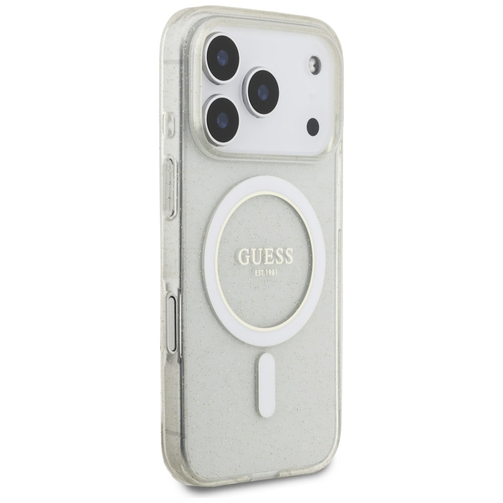Θήκη MagSafe για Apple iPhone 17 Pro Max, Guess, IML Glitter με Λουράκι Περλών, Διάφανη