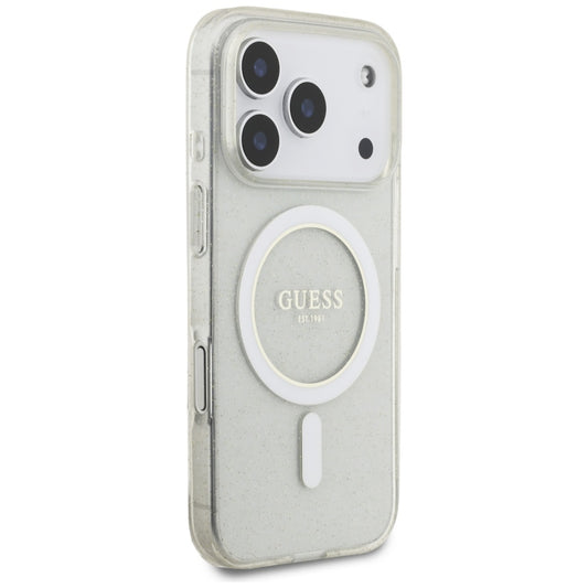 Θήκη MagSafe για Apple iPhone 17 Pro Max, Guess, IML Glitter με Λουράκι Περλών, Διάφανη