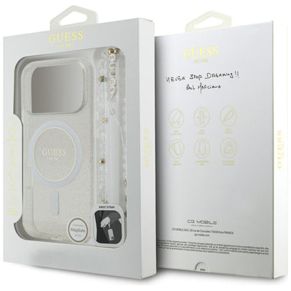 Θήκη MagSafe για Apple iPhone 17 Pro Max, Guess, IML Glitter με Λουράκι Περλών, Διάφανη
