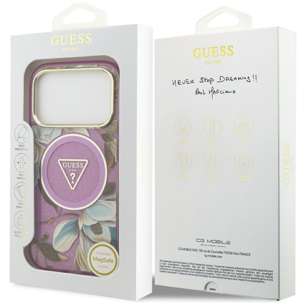 Θήκη MagSafe για Apple iPhone 17 Pro Max, Guess, IML Metal Glitter Flowers Triangle, Μωβ