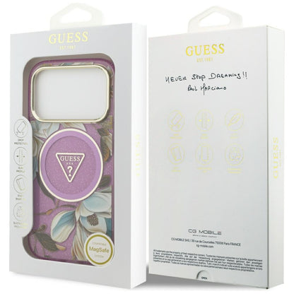 Θήκη MagSafe για Apple iPhone 17 Pro Max, Guess, IML Metal Glitter Flowers Triangle, Μωβ
