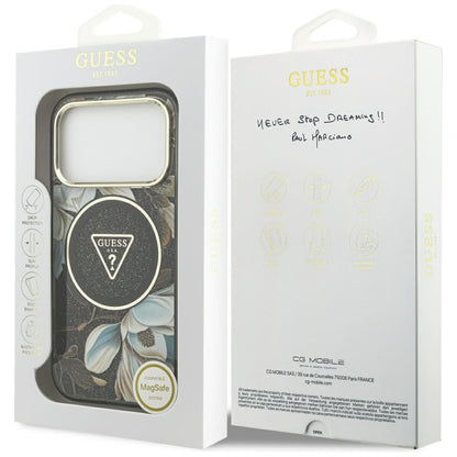 Θήκη MagSafe για Apple iPhone 17 Pro Max, Guess, IML Metal Glitter Flowers Triangle, Μαύρη