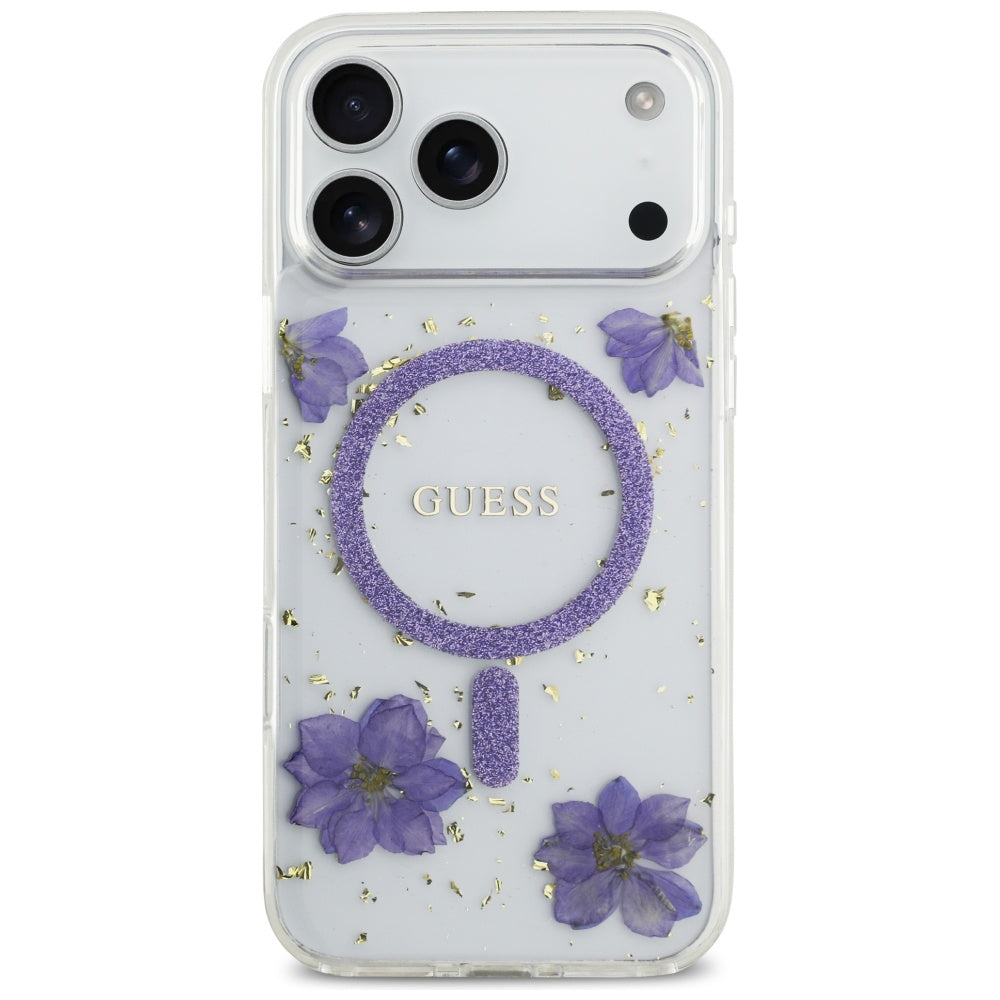Θήκη MagSafe για Apple iPhone 17 Pro Max, Guess, Resin Flowers and Glitter, Μοβ