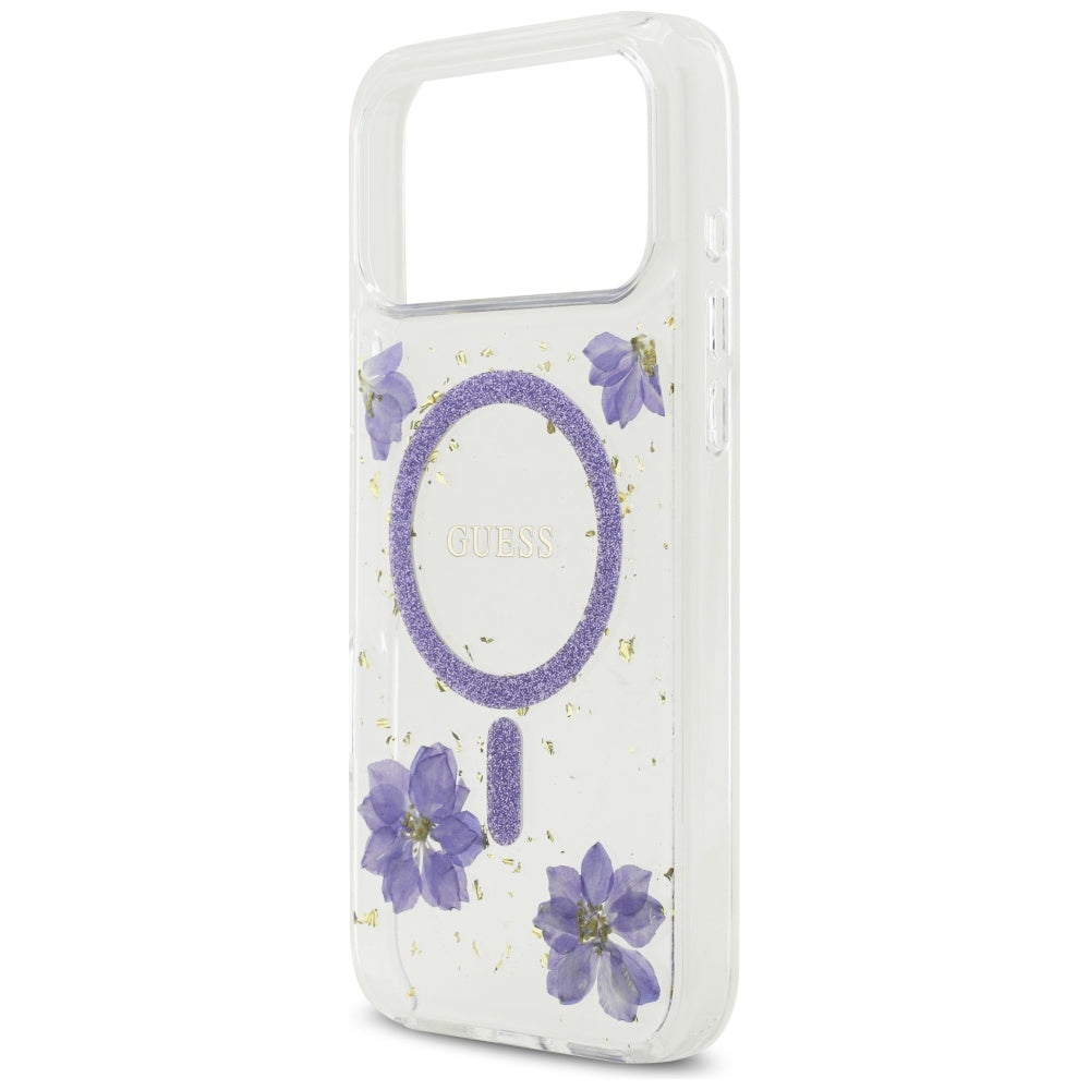 Θήκη MagSafe για Apple iPhone 17 Pro Max, Guess, Resin Flowers and Glitter, Μοβ
