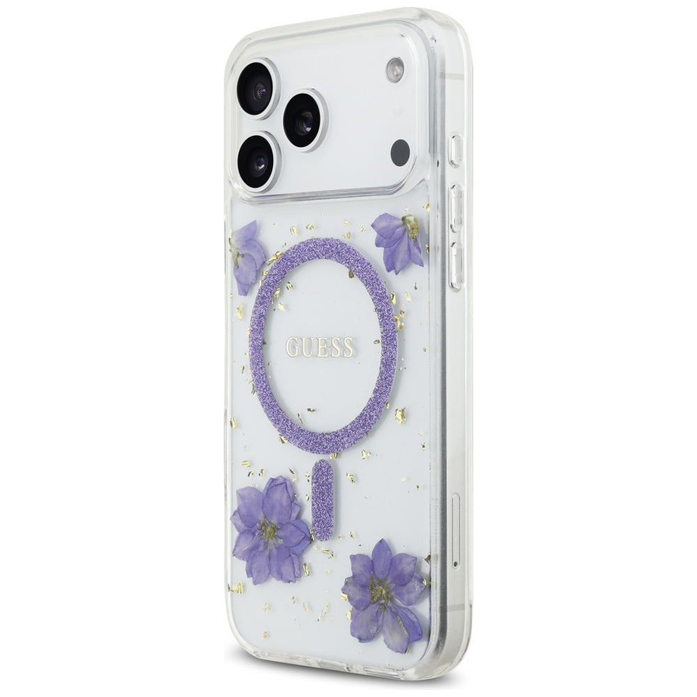 Θήκη MagSafe για Apple iPhone 17 Pro Max, Guess, Resin Flowers and Glitter, Μοβ