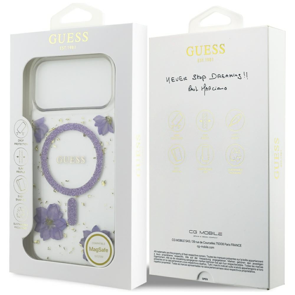 Θήκη MagSafe για Apple iPhone 17 Pro Max, Guess, Resin Flowers and Glitter, Μοβ