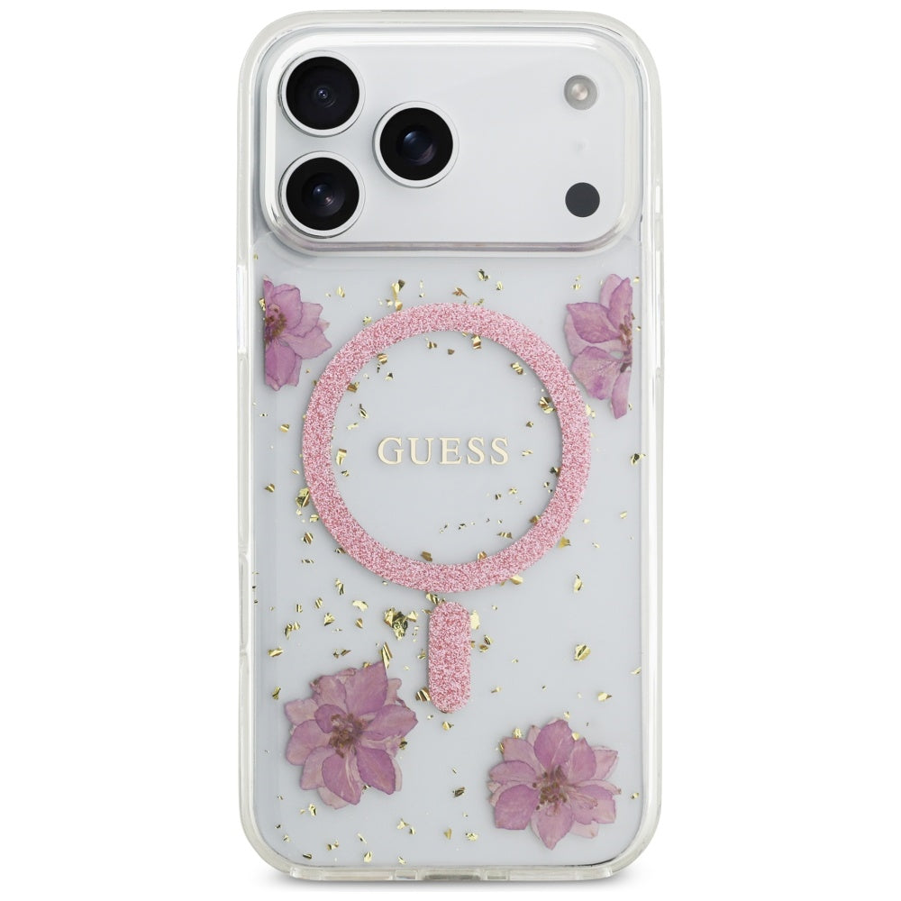 Θήκη MagSafe για Apple iPhone 17 Pro Max, Guess, Resin Flowers and Glitter, Ροζ