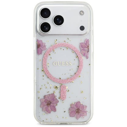 Θήκη MagSafe για Apple iPhone 17 Pro Max, Guess, Resin Flowers and Glitter, Ροζ