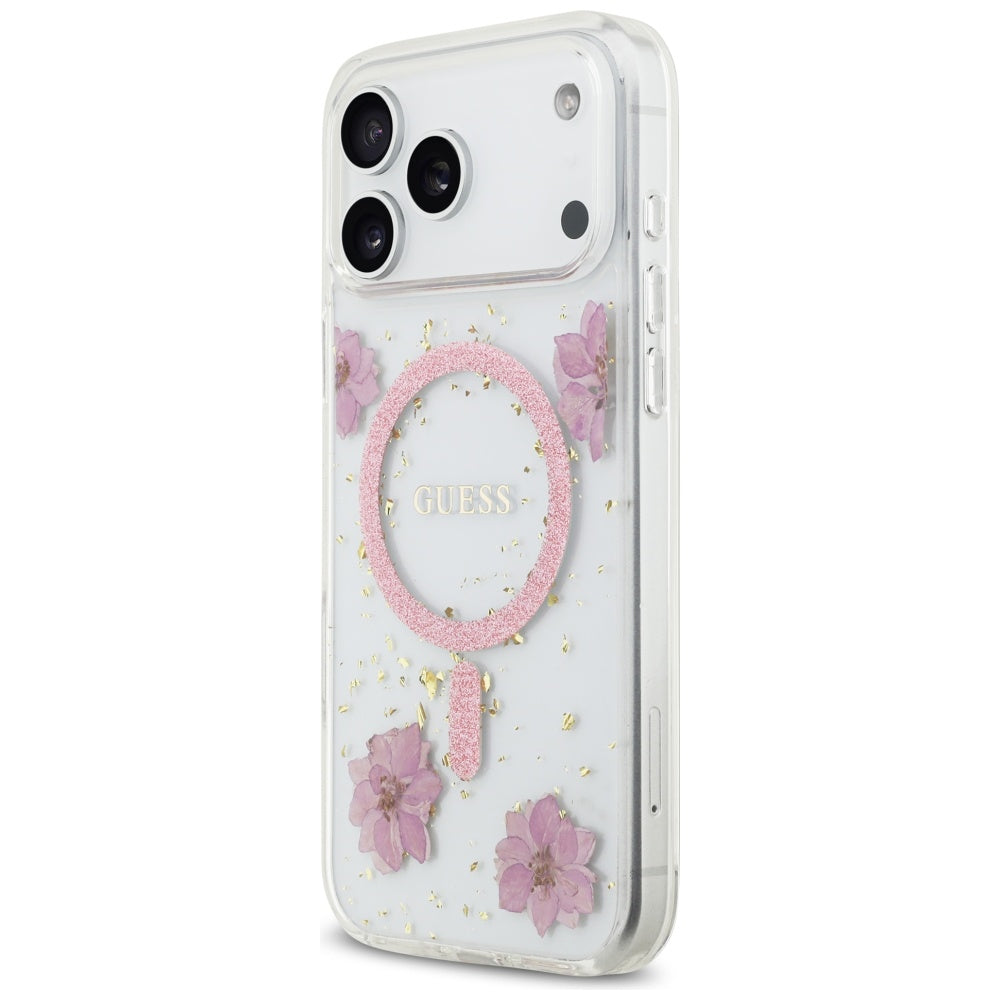 Θήκη MagSafe για Apple iPhone 17 Pro Max, Guess, Resin Flowers and Glitter, Ροζ
