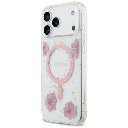 Θήκη MagSafe για Apple iPhone 17 Pro Max, Guess, Resin Flowers and Glitter, Ροζ