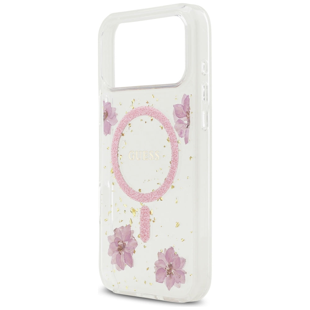 Θήκη MagSafe για Apple iPhone 17 Pro Max, Guess, Resin Flowers and Glitter, Ροζ