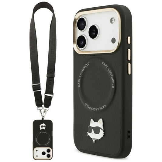 Θήκη MagSafe για Apple iPhone 17 Pro Max, Karl Lagerfeld, Big Strap Choupette Metal Logo, Μαύρη