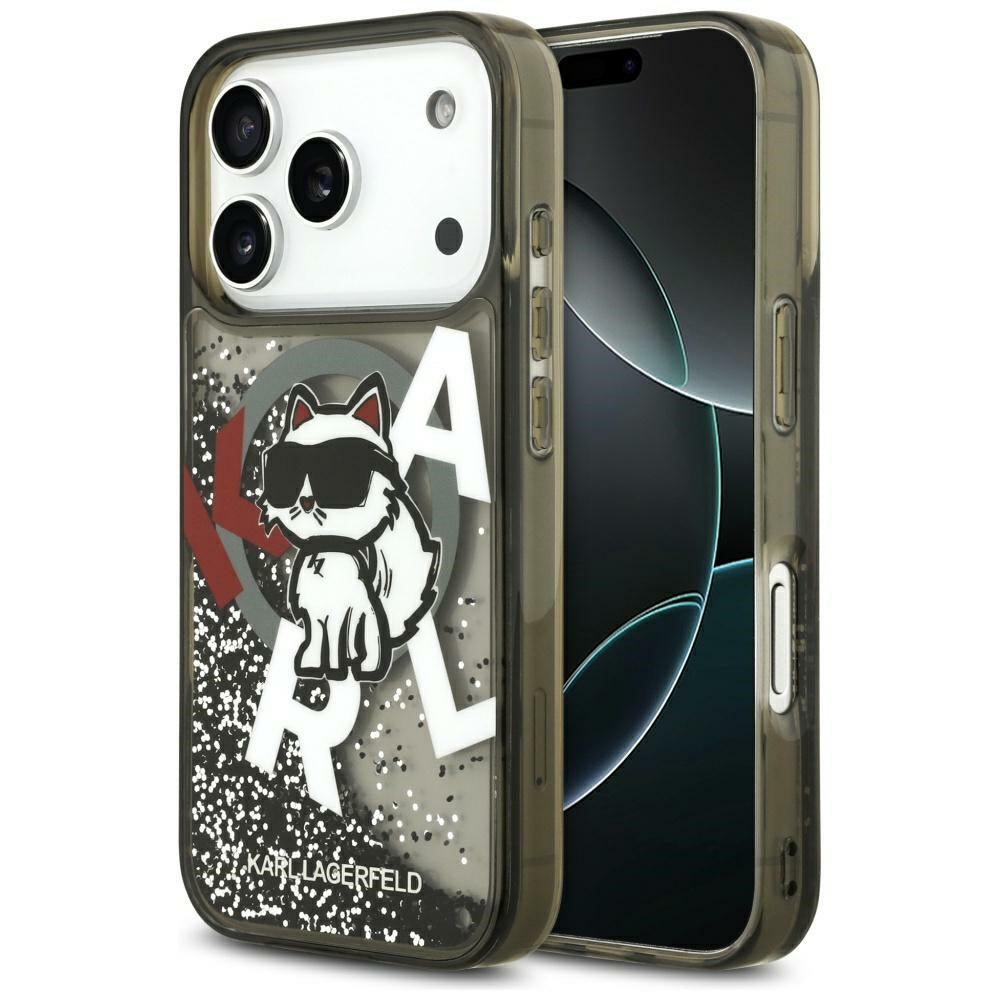 Θήκη MagSafe για Apple iPhone 17 Pro Max, Karl Lagerfeld, Liquid Glitter Logo Choupette, Μαύρη