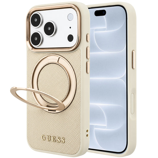 Θήκη MagSafe για Apple iPhone 18 Pro / 17 Pro, Guess, Grained Ring Stand 360 Classic, Μπεζ