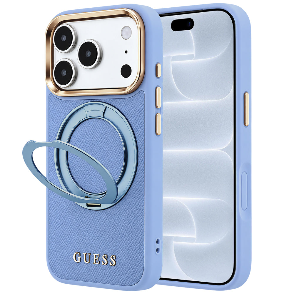 MagSafe Case for Apple iPhone 18 Pro / 17 Pro, Guess, Grained Ring Stand 360 Classic, Blue